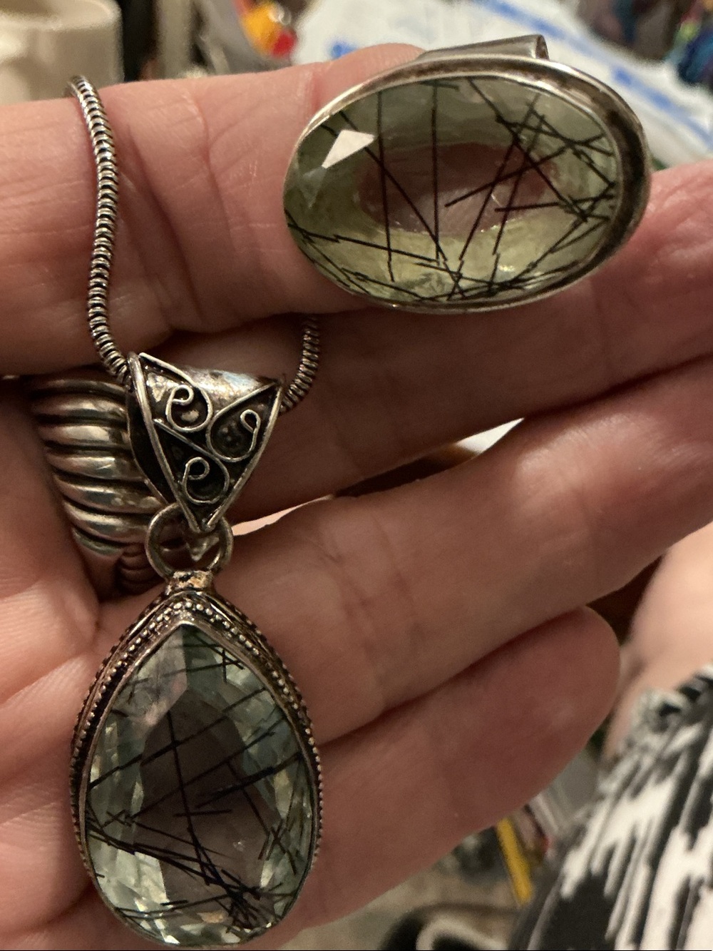 Sterling Silver and PaleGreen Rutilated Quartz Teardrop Pendant Necklace and Rin